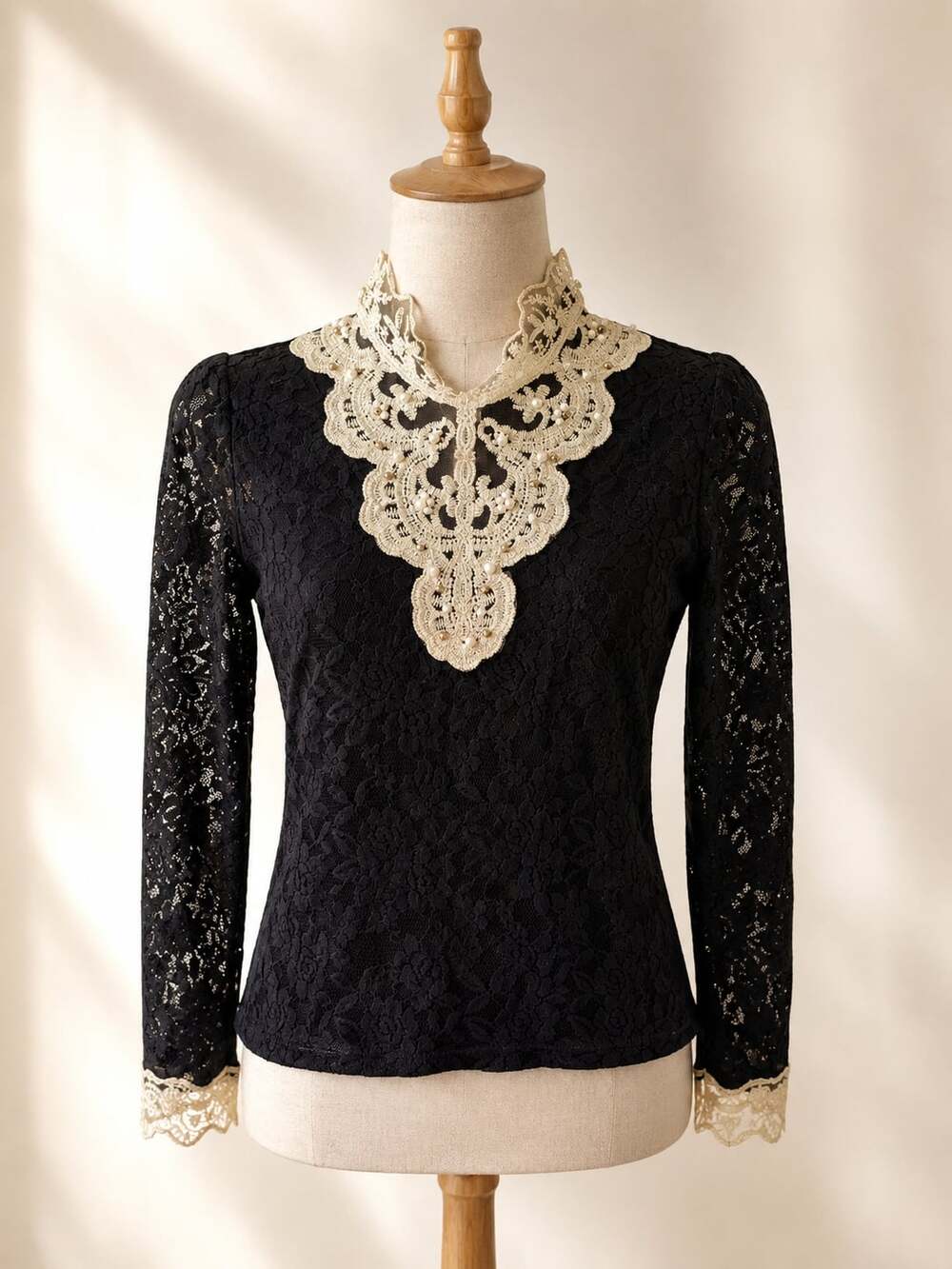 Korean Boutique Black Lace Top Pearl Collar Mori Girl Edwardian Size S